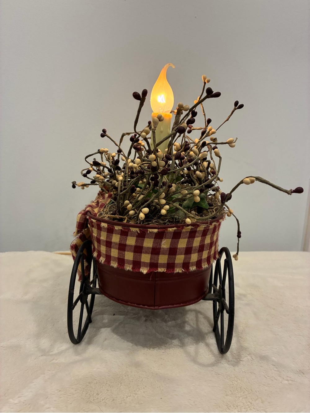 Rustic Wagon Candle Centerpiece with Red Gingham Bow Primitive Farmhouse Decor - Picture 3 of 5